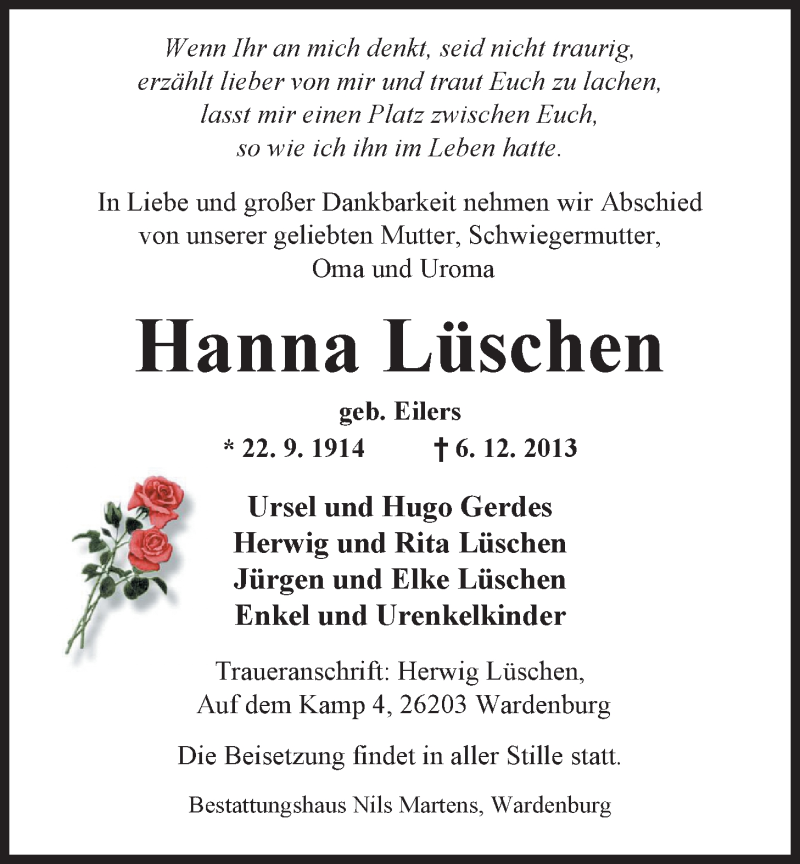  Traueranzeige für Hanna Lüschen vom 10.12.2013 aus Nordwest-Zeitung