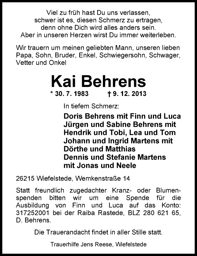  Traueranzeige für Kai Behrens vom 13.12.2013 aus Nordwest-Zeitung