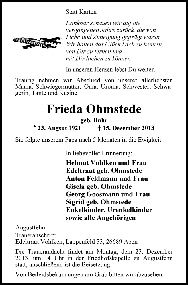  Traueranzeige für Frieda Ohmstede vom 18.12.2013 aus Nordwest-Zeitung