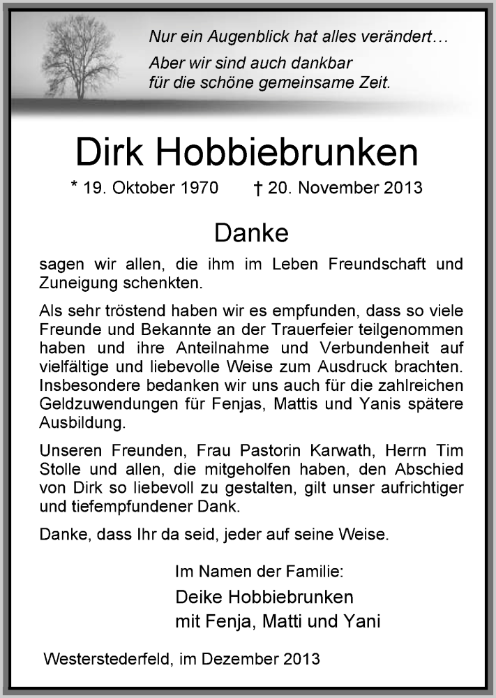  Traueranzeige für Dirk Hobbiebrunken vom 21.12.2013 aus Nordwest-Zeitung