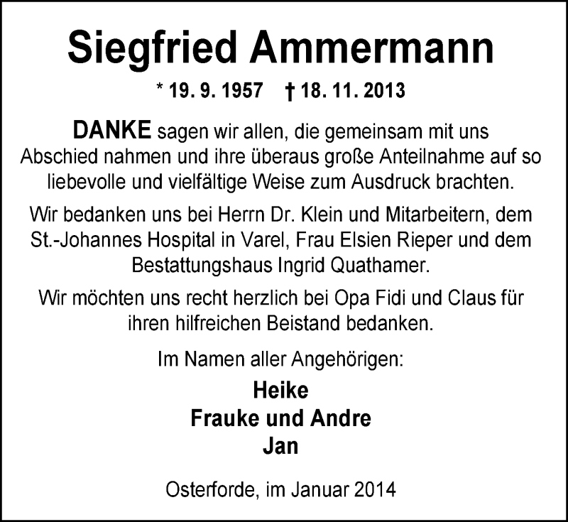 Traueranzeigen Von Siegfried Ammermann Nordwest Trauer De