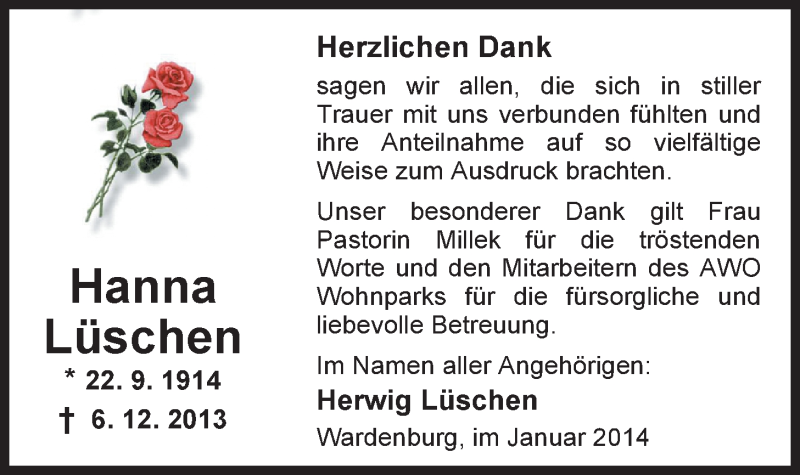  Traueranzeige für Hanna Lüschen vom 18.01.2014 aus Nordwest-Zeitung