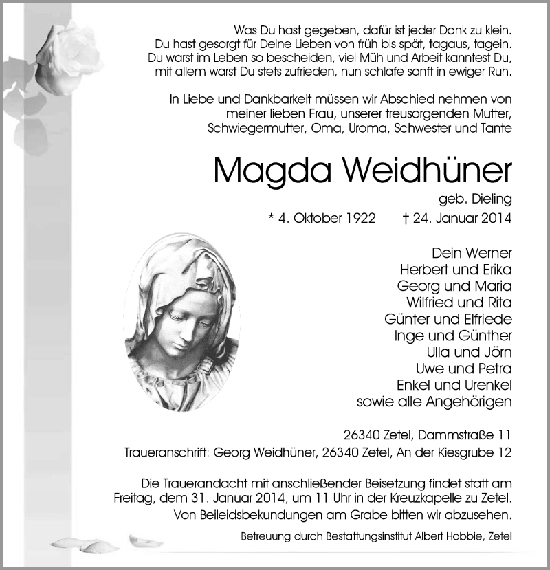  Traueranzeige für Magda Weidhüner vom 27.01.2014 aus Nordwest-Zeitung