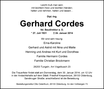 Traueranzeigen Von Gerhard Cordes Nordwest Trauer De