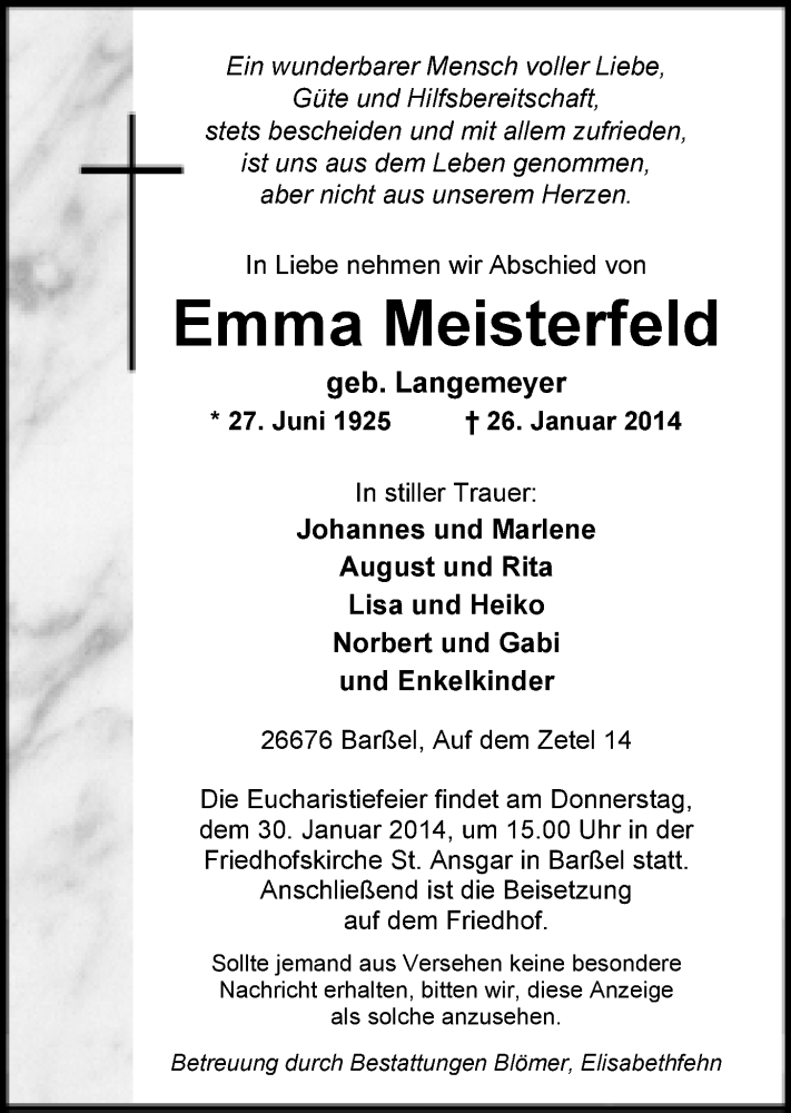  Traueranzeige für Emma Meisterfeld vom 28.01.2014 aus Nordwest-Zeitung
