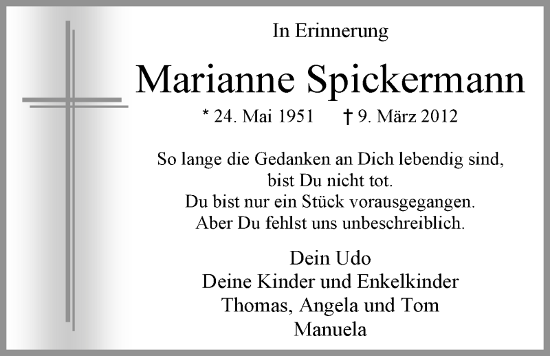  Traueranzeige für Marianne Spickermann vom 08.03.2014 aus Nordwest-Zeitung