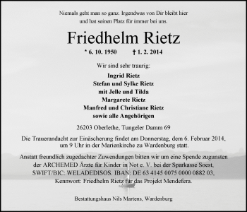 Traueranzeigen Von Friedhelm Rietz Nordwest Trauer De