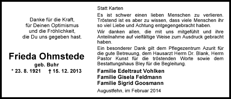  Traueranzeige für Frieda Ohmstede vom 07.02.2014 aus Nordwest-Zeitung