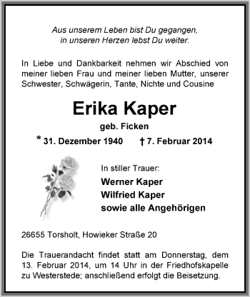 Traueranzeigen Von Erika Kaper Nordwest Trauer De