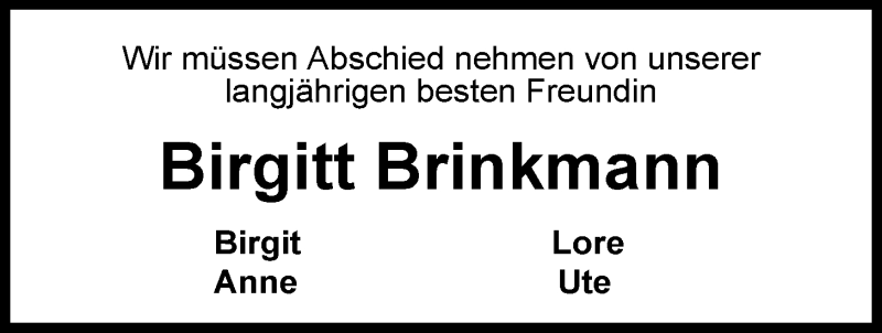  Traueranzeige für Birgitt Brinkmann vom 21.02.2014 aus Nordwest-Zeitung