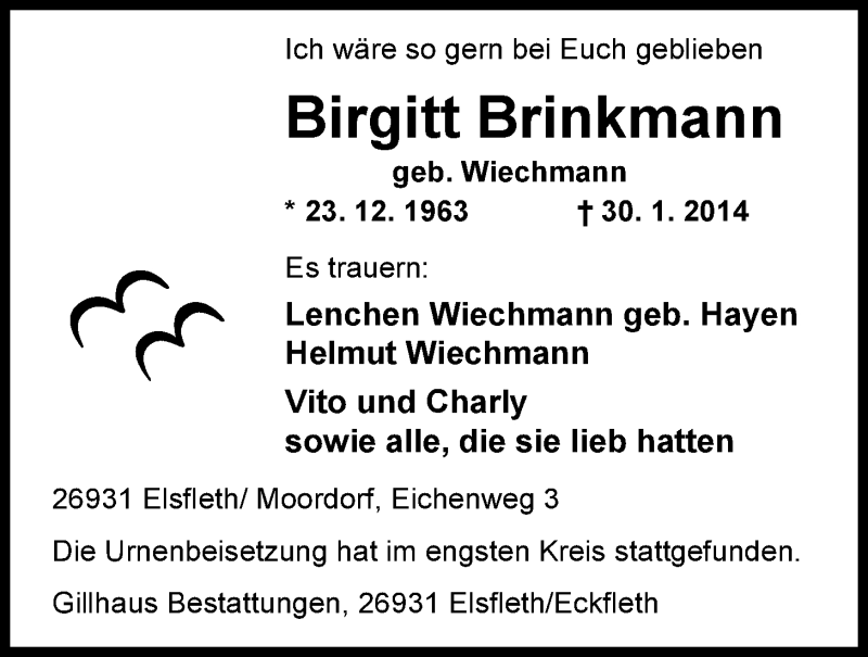  Traueranzeige für Birgitt Brinkmann vom 21.02.2014 aus Nordwest-Zeitung