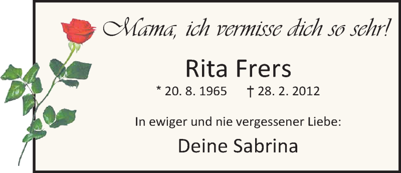  Traueranzeige für Rita Frers vom 28.02.2014 aus Nordwest-Zeitung
