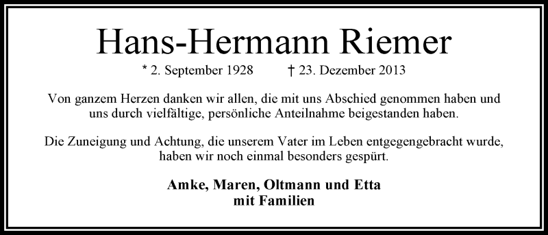 Traueranzeigen Von Hans Hermann Riemer Nordwest Trauer De