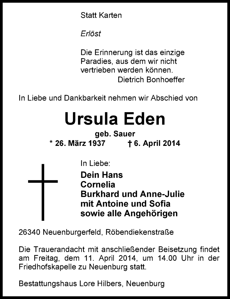  Traueranzeige für Ursula Eden vom 09.04.2014 aus Nordwest-Zeitung