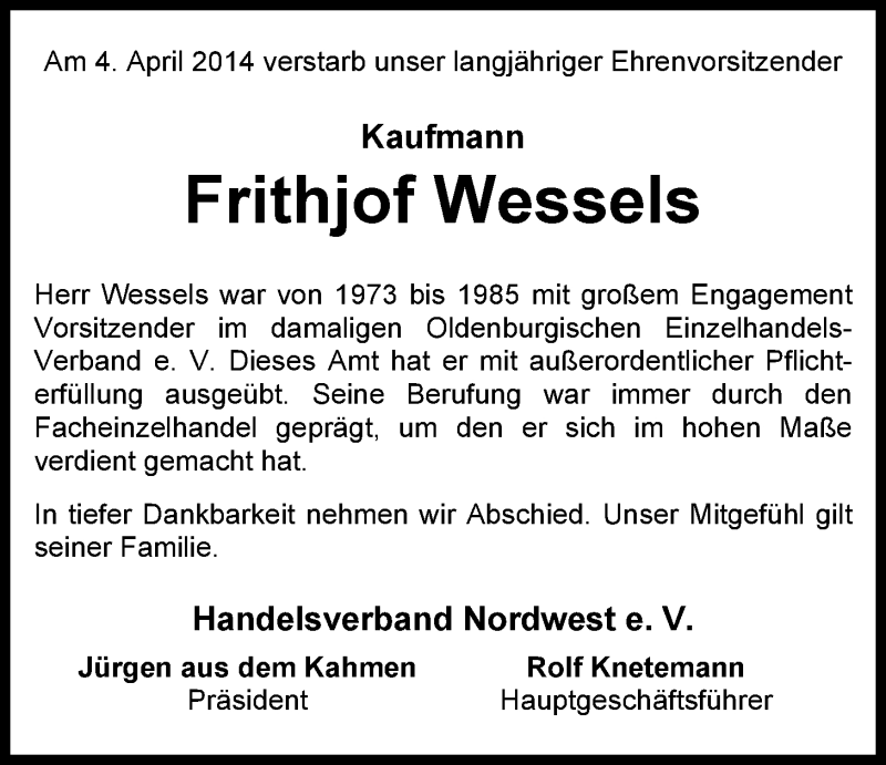  Traueranzeige für Frithjof Wessels vom 09.04.2014 aus Nordwest-Zeitung