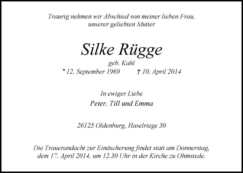  Traueranzeige für Silke Rügge vom 15.04.2014 aus Nordwest-Zeitung