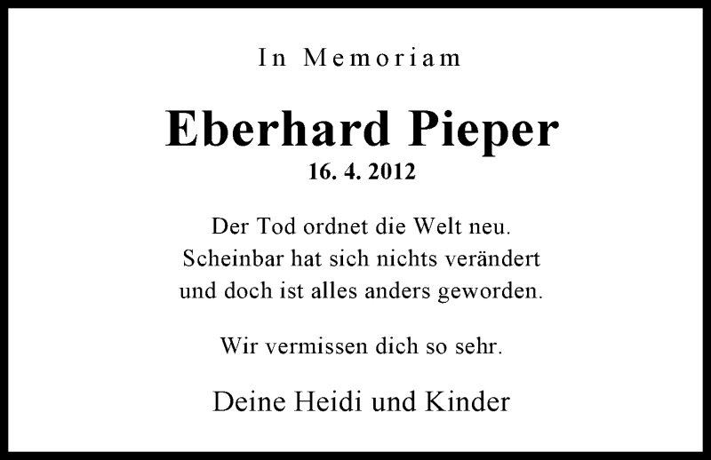  Traueranzeige für Eberhard Pieper vom 16.04.2014 aus Nordwest-Zeitung