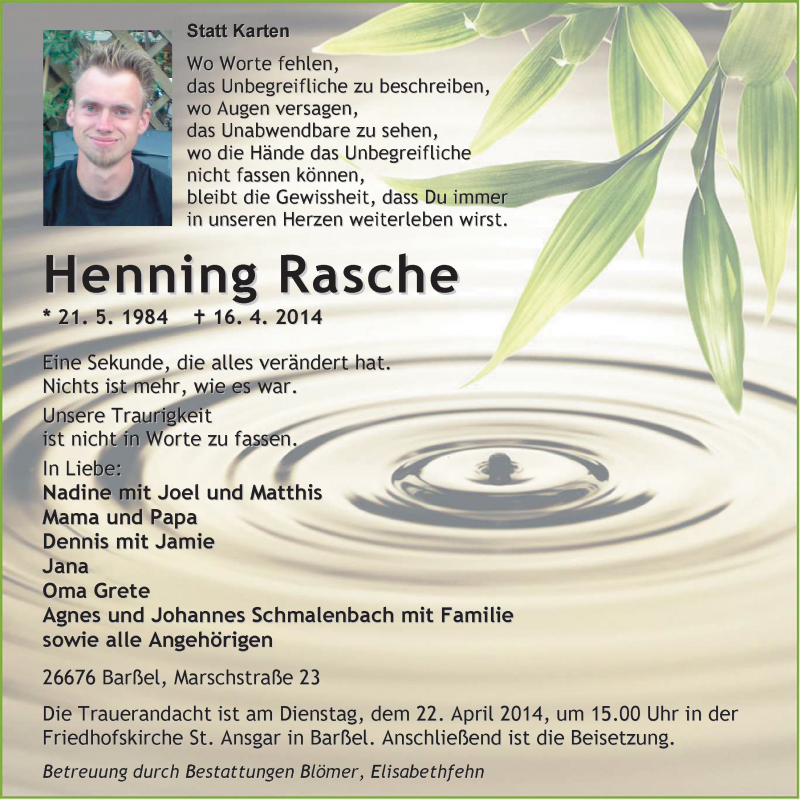  Traueranzeige für Henning Rasche vom 19.04.2014 aus Nordwest-Zeitung