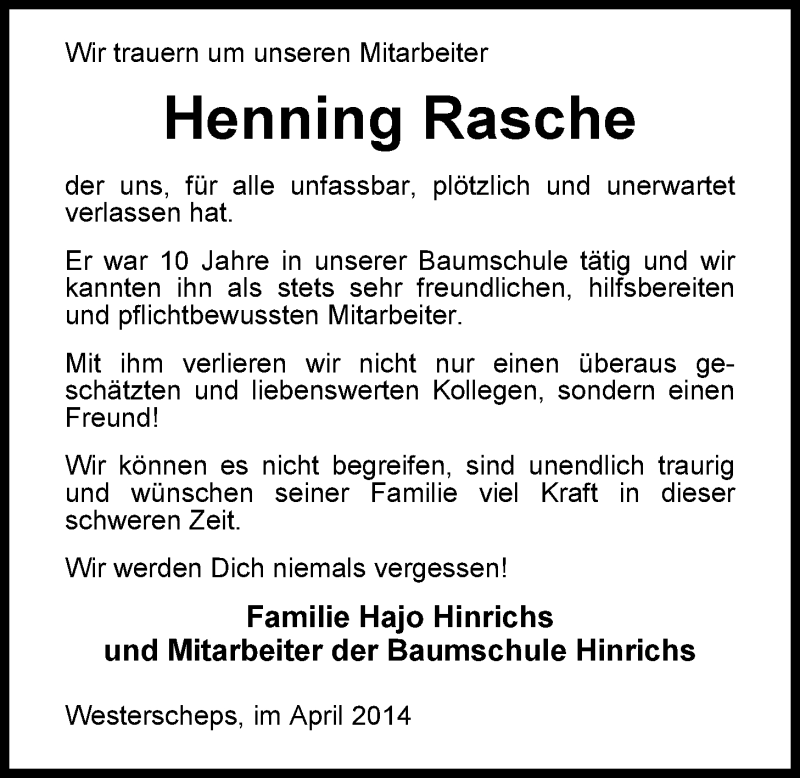  Traueranzeige für Henning Rasche vom 22.04.2014 aus Nordwest-Zeitung
