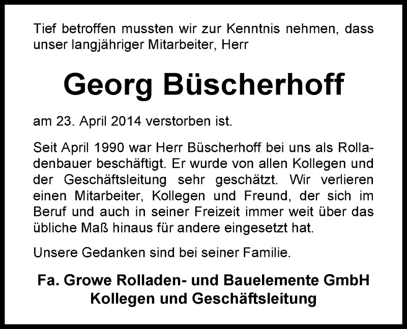  Traueranzeige für Georg Büscherhoff vom 26.04.2014 aus Nordwest-Zeitung