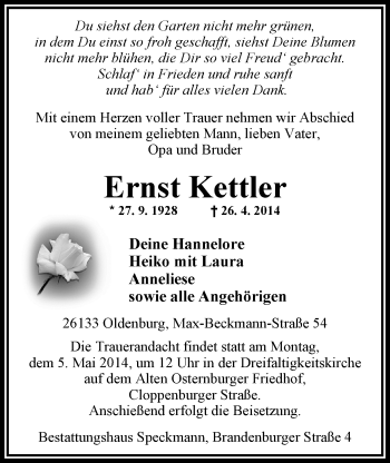 Traueranzeigen Von Ernst Kettler Nordwest Trauer De