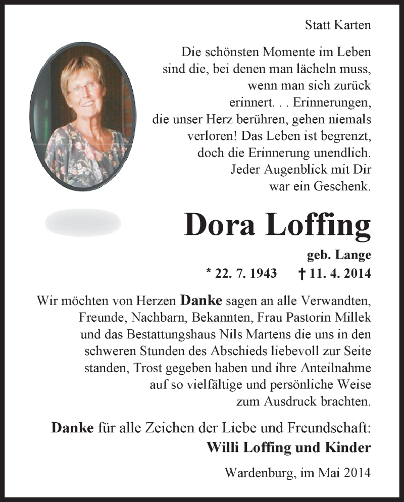  Traueranzeige für Dora Loffing vom 09.05.2014 aus Nordwest-Zeitung