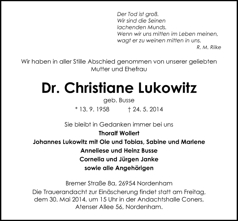  Traueranzeige für Christiane Lukowitz vom 28.05.2014 aus Nordwest-Zeitung