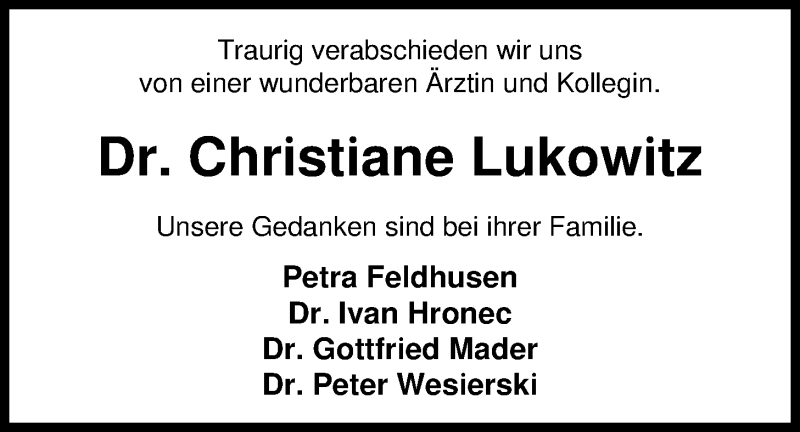  Traueranzeige für Christiane Lukowitz vom 30.05.2014 aus Nordwest-Zeitung