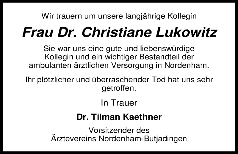  Traueranzeige für Christiane Lukowitz vom 04.06.2014 aus Nordwest-Zeitung