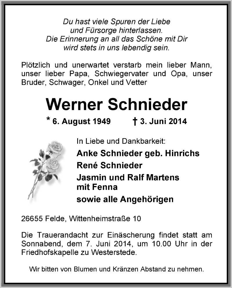  Traueranzeige für Werner Schnieder vom 05.06.2014 aus Nordwest-Zeitung