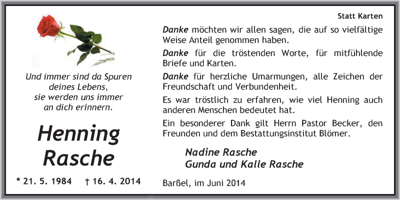  Traueranzeige für Henning Rasche vom 07.06.2014 aus Nordwest-Zeitung