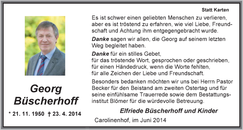  Traueranzeige für Georg Büscherhoff vom 07.06.2014 aus Nordwest-Zeitung