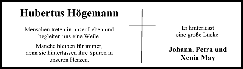  Traueranzeige für Hubert Högemann vom 06.06.2014 aus Nordwest-Zeitung