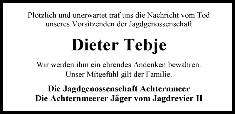  Traueranzeige für Dieter Tebje vom 17.06.2014 aus Nordwest-Zeitung