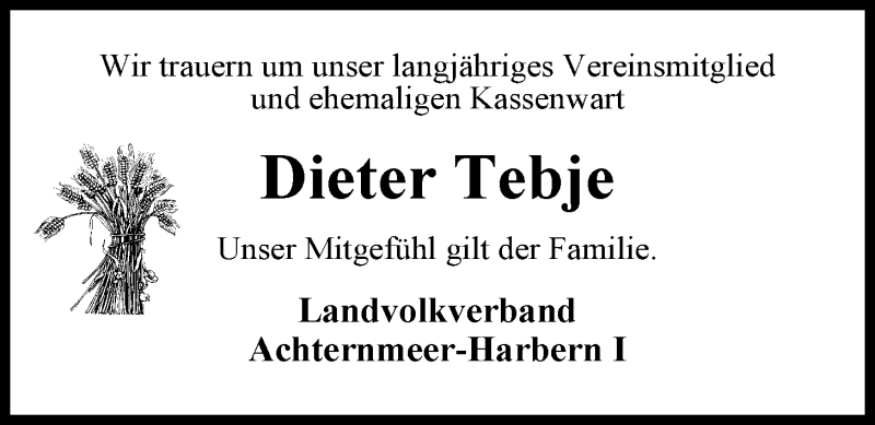  Traueranzeige für Dieter Tebje vom 17.06.2014 aus Nordwest-Zeitung