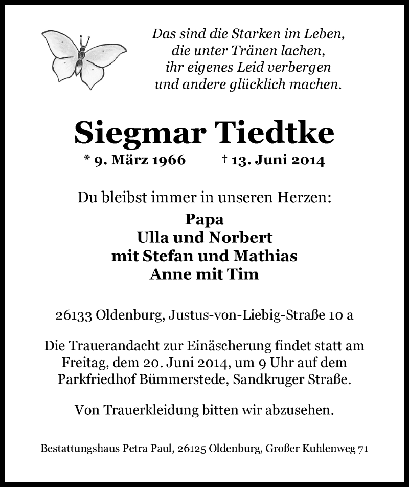  Traueranzeige für Siegmar Tiedtke vom 18.06.2014 aus Nordwest-Zeitung
