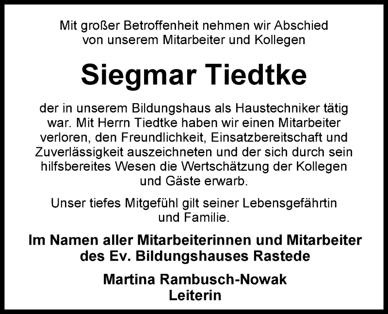  Traueranzeige für Siegmar Tiedtke vom 19.06.2014 aus Nordwest-Zeitung