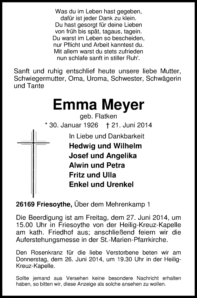 Traueranzeige für Emma Meyer vom 24.06.2014 aus Nordwest-Zeitung