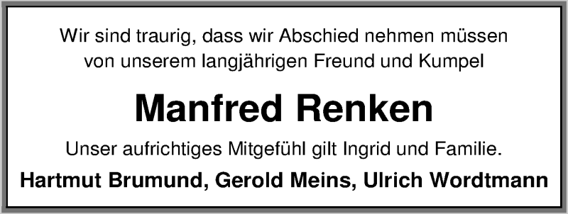  Traueranzeige für Manfred Renken vom 25.06.2014 aus Nordwest-Zeitung