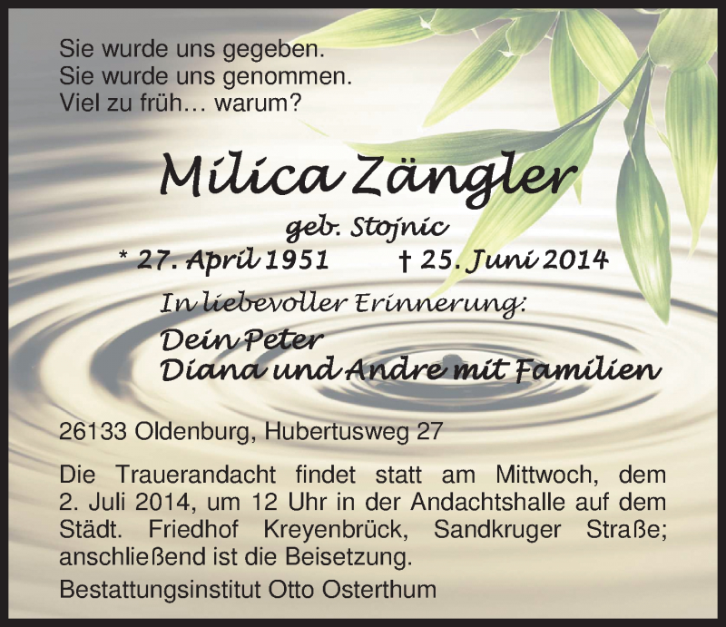 Traueranzeige für Milica Zängler vom 28.06.2014 aus Nordwest-Zeitung