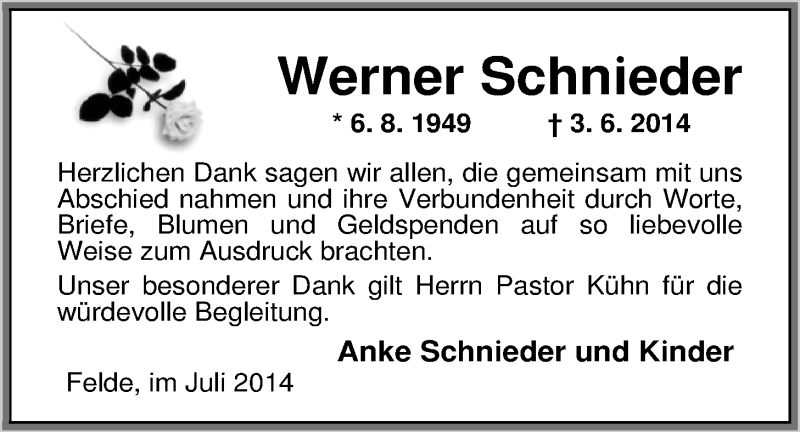  Traueranzeige für Werner Schnieder vom 22.07.2014 aus Nordwest-Zeitung
