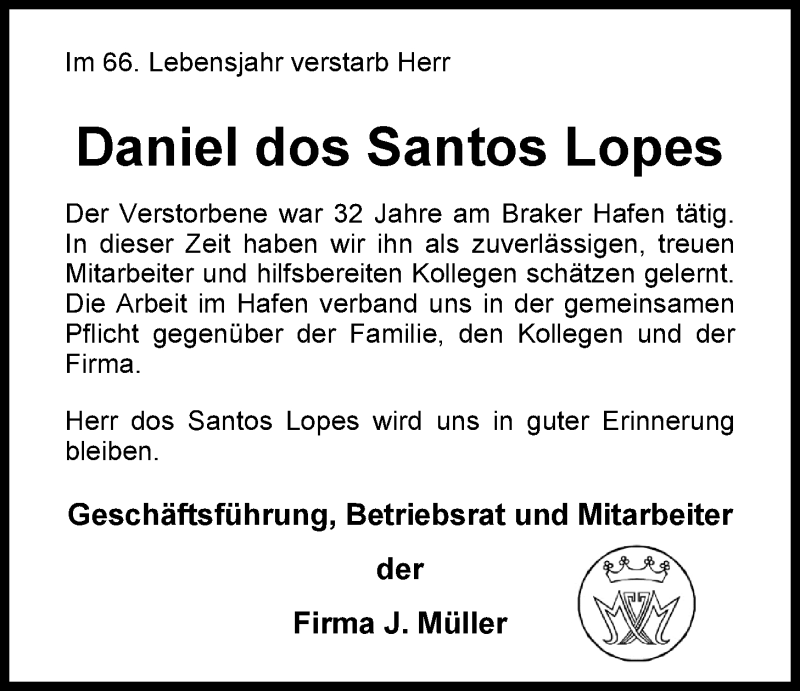  Traueranzeige für Daniel dos Santos Lopes vom 12.07.2014 aus Nordwest-Zeitung