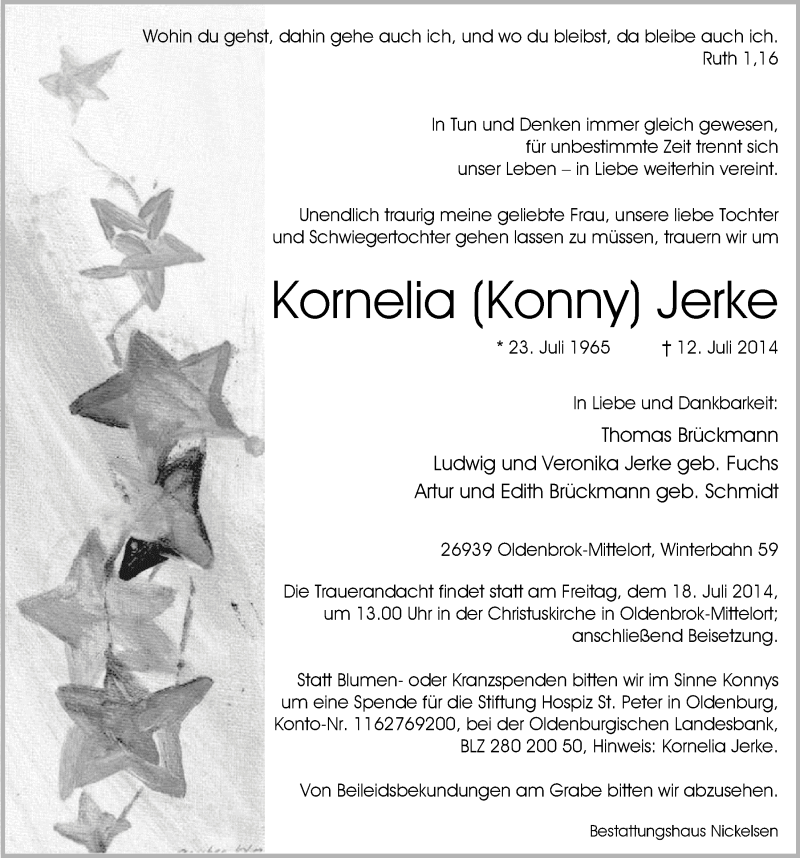  Traueranzeige für Kornelia Jerke vom 15.07.2014 aus Nordwest-Zeitung