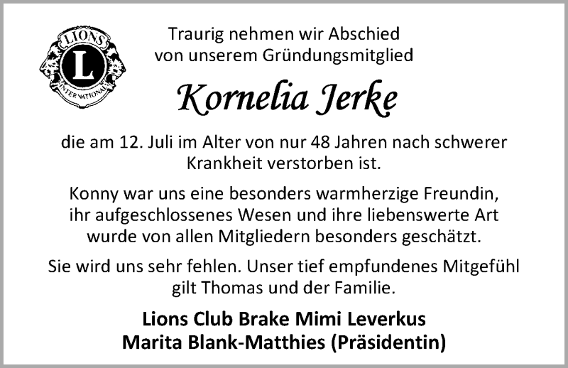  Traueranzeige für Kornelia Jerke vom 15.07.2014 aus Nordwest-Zeitung