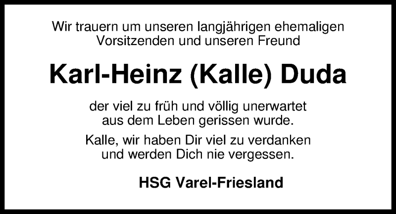  Traueranzeige für Karl-Heinz Duda vom 15.07.2014 aus Nordwest-Zeitung