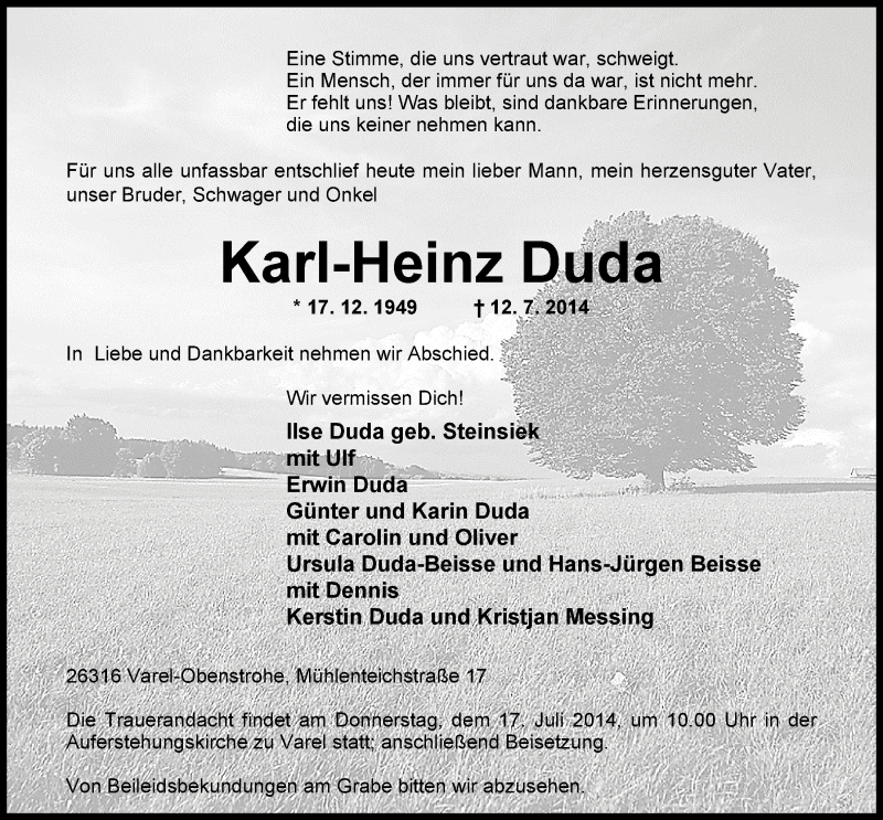  Traueranzeige für Karl-Heinz Duda vom 15.07.2014 aus Nordwest-Zeitung