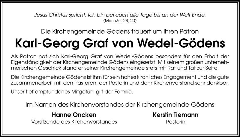  Traueranzeige für Karl-Georg Lothar Graf von Wedel vom 17.07.2014 aus Nordwest-Zeitung