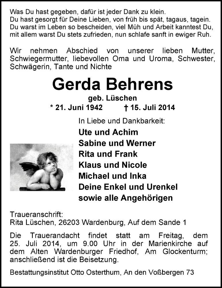  Traueranzeige für Gerda Behrens vom 18.07.2014 aus Nordwest-Zeitung