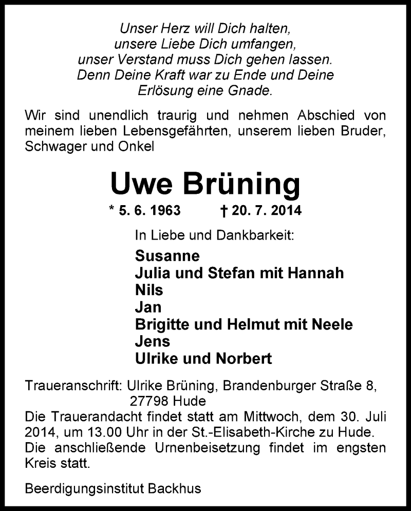  Traueranzeige für Uwe Brüning vom 22.07.2014 aus Nordwest-Zeitung