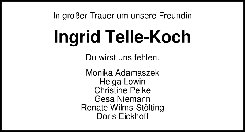  Traueranzeige für Ingrid  Telle-Koch vom 29.07.2014 aus Nordwest-Zeitung